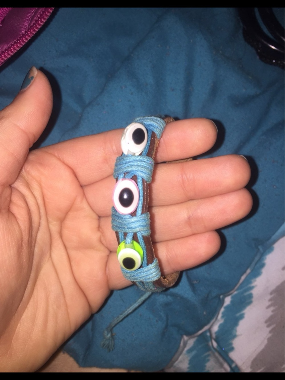 Handmade Leather Wrap Bracelet with Blue Cord and Eye Beads